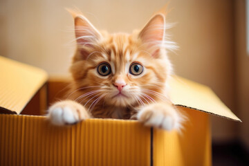 Cute and adorable ginger kitten peeking out from a box
