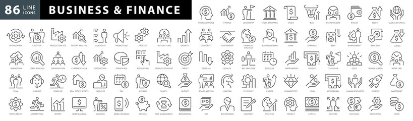 Finance and business line icons collection. Big UI icon set in a flat design. Thin outline icons pack. Vector illustration EPS10 - 715791969