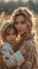Fototapeta premium Autumn Embrace: Mother and Child Enjoying Golden Hour Together