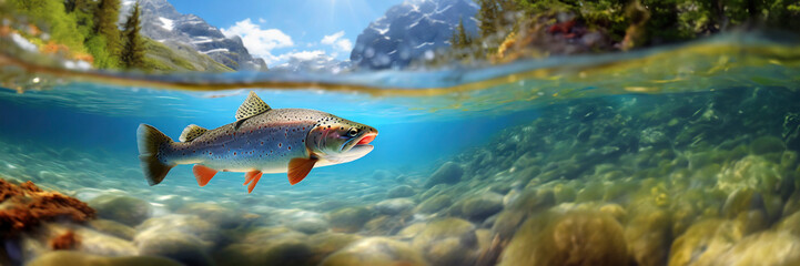 Panorama of a rainbow trout swimming in the water under the sunlight. Mountain river with fish underwater view.