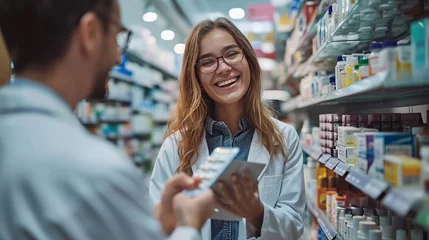 Foto op Canvas Happy woman chooses medicine with help of young pharmacist in drugstore, generative ai © Chanya2498
