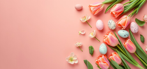 soft pink tulips and easter eggs flat lay on salmon background - obrazy, fototapety, plakaty
