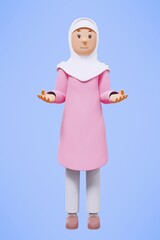 3d rendering fullbody of woman muslim greeting, greeting, pointing and holding phone while smiling