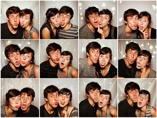 Young couple in slightly different outfits making funny faces in a photo booth - obrazy, fototapety, plakaty