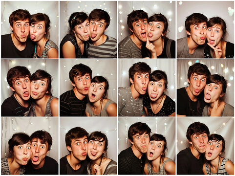 Young couple in slightly different outfits making funny faces in a photo booth