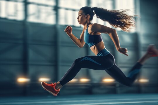 Fit young athletic woman running very fast in an industrial warehouse