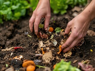 Macro shot of a person's hands composting kitchen scraps for a zero-waste lifestyle