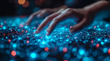 hand uses a keyboard, future technology with networked data