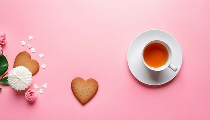 Valentine's Day composition сup of tea and ginger cookie as heart on pastel background. Valentine day concept, flat lay design. Top view  created with generative ai - Powered by Adobe