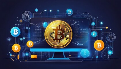 Crypto and BTC bitcoin blockchain technology and digital money as wide banner design created with generative ai
