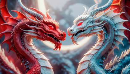 Fototapeta premium Dragons Yin and Yang, warriors of opposites. Two fantastic Chinese dragons. Year of the Dragon according to the eastern horoscope