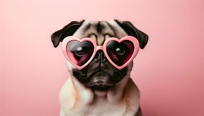 happy cute dog with a heart shaped sunglasses for valentine day, birthday or anniversary, on a pink background	
 - obrazy, fototapety, plakaty