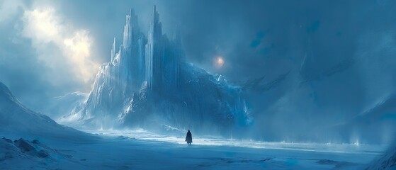 Silhouette Of A Man Against The Backdrop Of A Giant Ice Castle. Illustration On The Theme Of Cinema And Comics, Travel And Fantasy.   Generative AI	
