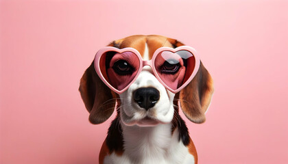 happy cute dog with a heart shaped sunglasses for valentine day, birthday or anniversary, on a pink background	
 - obrazy, fototapety, plakaty