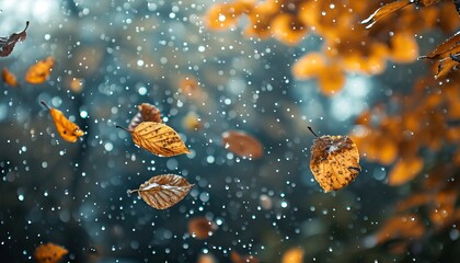 Obraz na płótnie Canvas autumn background. autumn leaves on rainy glass texture, bright abstract natural backdrop. concept of fall season. rainy day weather. AI generated illustration