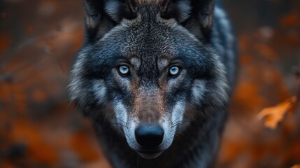 Fototapeta premium Black wolf walking in a forest close up 