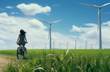 a girl rides a bicycle near windmills