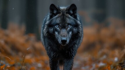 Black wolf walking in a forest close up 