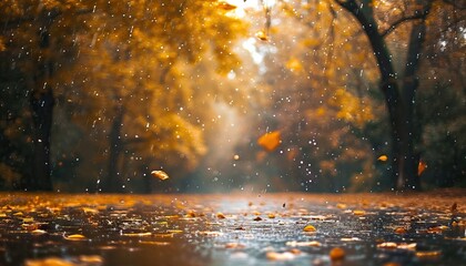 autumn background. autumn leaves on rainy glass texture, bright abstract natural backdrop. concept of fall season. rainy day weather. AI generated illustration - obrazy, fototapety, plakaty