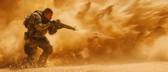 A Military Man Running Through The Desert Sands During A Battle. Illustration On The Theme Of Weapons And Wars, Conflicts And Cinema. Generative  AI.	
 - obrazy, fototapety, plakaty