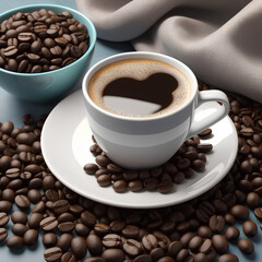 Cup of coffee with coffee beans.