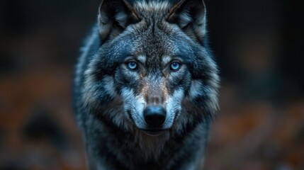 Fototapeta premium Black wolf walking in a forest close up 