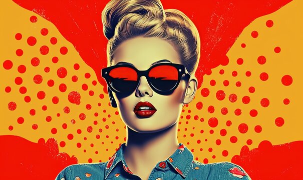 Fototapeta Retro vintage pop-art woman in sunglasses. Creative 1950s background wallpaper, Generative AI 