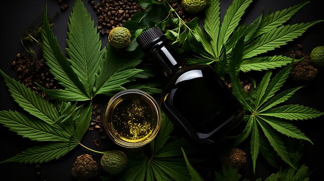 Organic Cannabis Products: Green Leaves, Hemp Oil, and Herbal Health Concept