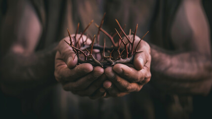 A close-up of hands tenderly holding a crown of thorns against a background of muted tones, emphasizing the symbolic significance of Christ's sacrifice on Good Friday. - obrazy, fototapety, plakaty