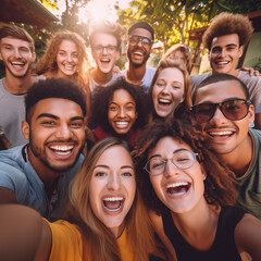 Multiracial young people laughing together at camera - Happy group of friends having fun taking selfie pic with smart mobile phone - Youth community concept with guys and girls hugging outdoors - obrazy, fototapety, plakaty