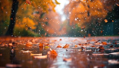 Bright autumn background. Maple leaf in puddle. Soft natural wallpaper. Wet orange leaves in the rain. AI generated illustration