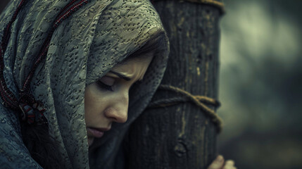 An emotional portrayal of Mary at the foot of the cross, her grief and sorrow palpable. The subdued color palette and intimate composition create a poignant visual narrative for Go