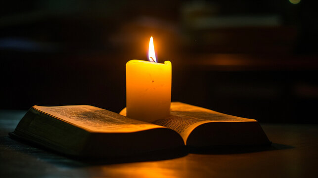 A minimalist yet powerful image of a single lit candle casting a warm glow on a Bible opened to passages depicting the events of Good Friday. The simplicity of the scene enhances t