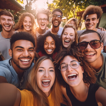 Multiracial young people laughing together at camera - Happy group of friends having fun taking selfie pic with smart mobile phone - Youth community concept with guys and girls hugging outdoors