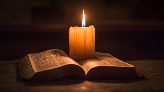 A minimalist yet powerful image of a single lit candle casting a warm glow on a Bible opened to passages depicting the events of Good Friday. The simplicity of the scene enhances t