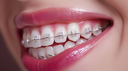 Close-up of a happy smile of a young woman with healthy white teeth with metal  braces.  Dentistry concept