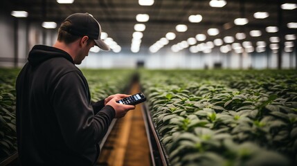 Tech-Savvy Agriculture: Modern Farmer Using Digital Tools for Organic Crop Management and Growth - obrazy, fototapety, plakaty