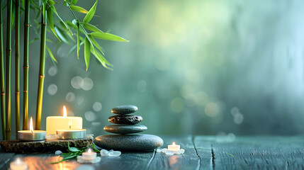 Calm, balanced stack of black massage stones, glow of candles and bamboo leaves on a green background with bokeh effect on a textured wooden surface with copy space.