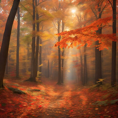 The vibrant hues of autumn leaves in a dense forest