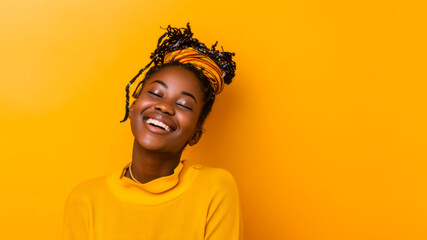 Obraz premium Happy black woman ,Happy person engaged in a fulfilling hobby. Laughing. Optimistic, isolated on yellow background