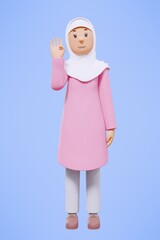 3d rendering fullbody of woman muslim greeting, greeting, pointing and holding phone while smiling