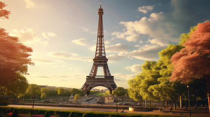 Obraz premium French Eifel Tower on a beautiful summer day, seen from the streets of Paris. French old structure. Famous Tourist destination. Biggest french tourist attraction, Romantic symbol.