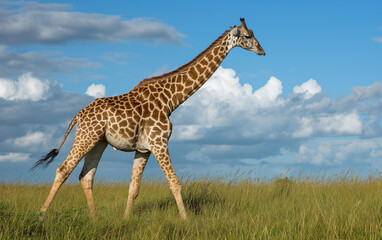 Fototapeta premium Giraffe standing in meadow blue sky background. Generative AI