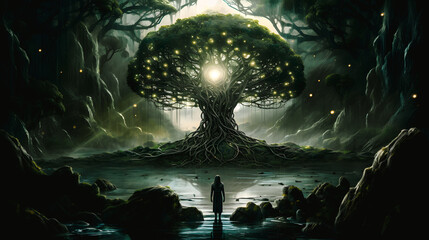 Homme en silhouette regardant un arbre solitaire avec lumière - obrazy, fototapety, plakaty