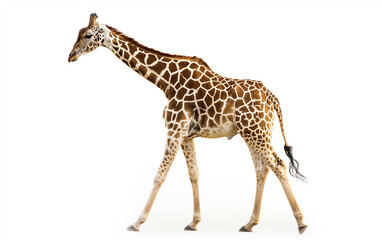 Fototapeta premium Giraffe walking isolated on white background. Generative AI