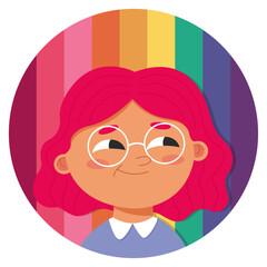 Pink haired girl with glasses on a rainbow background. Vector illustration in flat style
