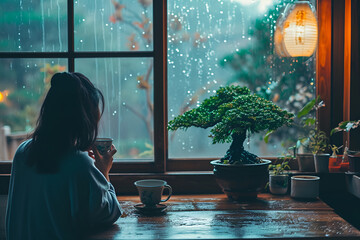 A woman sipping tea by the window of Hotel, where a bonsai grows, highlighting a moment of tranquility and solitude, rain at the evening