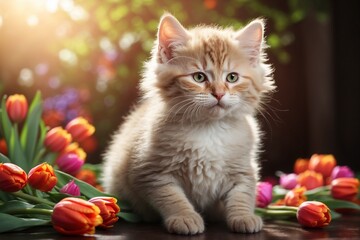 small Siberian kitten among spring tulips