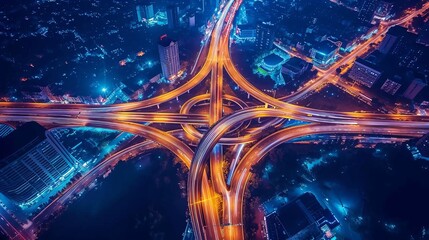 Night city expressway traffic, highlighting road infrastructure and car flow at urban intersection.
