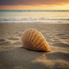 Seashell on sandy beach at sunset.
